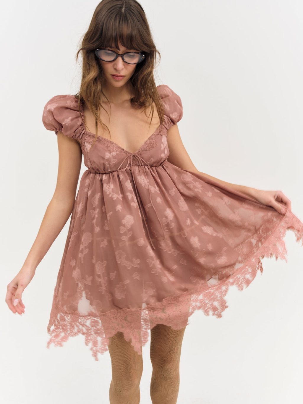 Nwt For Love And Lemons. Dusty Rose Lace-Trim Babydoll Mini Dress